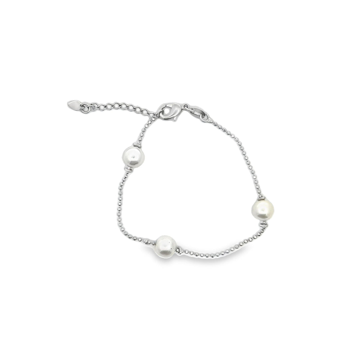 A delicate silver ball chain bracelet features three evenly spaced white pearls and an adjustable clasp against a clean white background.