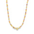 A tri-color gold bead necklace features alternating spheres of yellow, white, and rose gold with a pave diamond centerpiece.