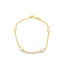 A delicate gold beaded bracelet features four evenly spaced white pearls and a secure clasp against a clean white background.