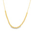 A delicate gold beaded necklace hangs against a plain white background, featuring a curved arrangement of polished spherical beads along a fine chain.