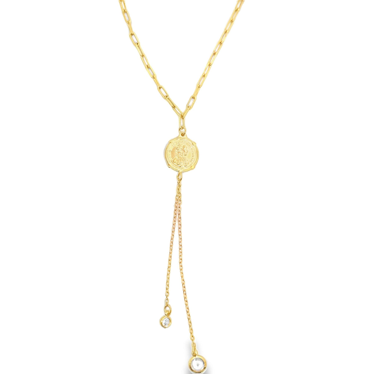 A delicate gold lariat necklace features a coin pendant dangling with two small diamond accents against a plain white background.