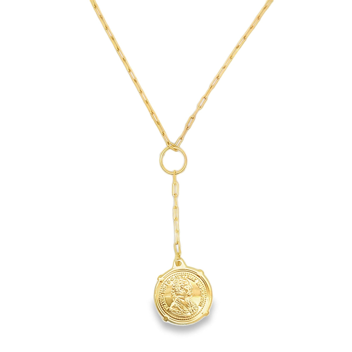A gold paperclip chain lariat necklace features a dangling coin pendant engraved with a classic profile portrait.