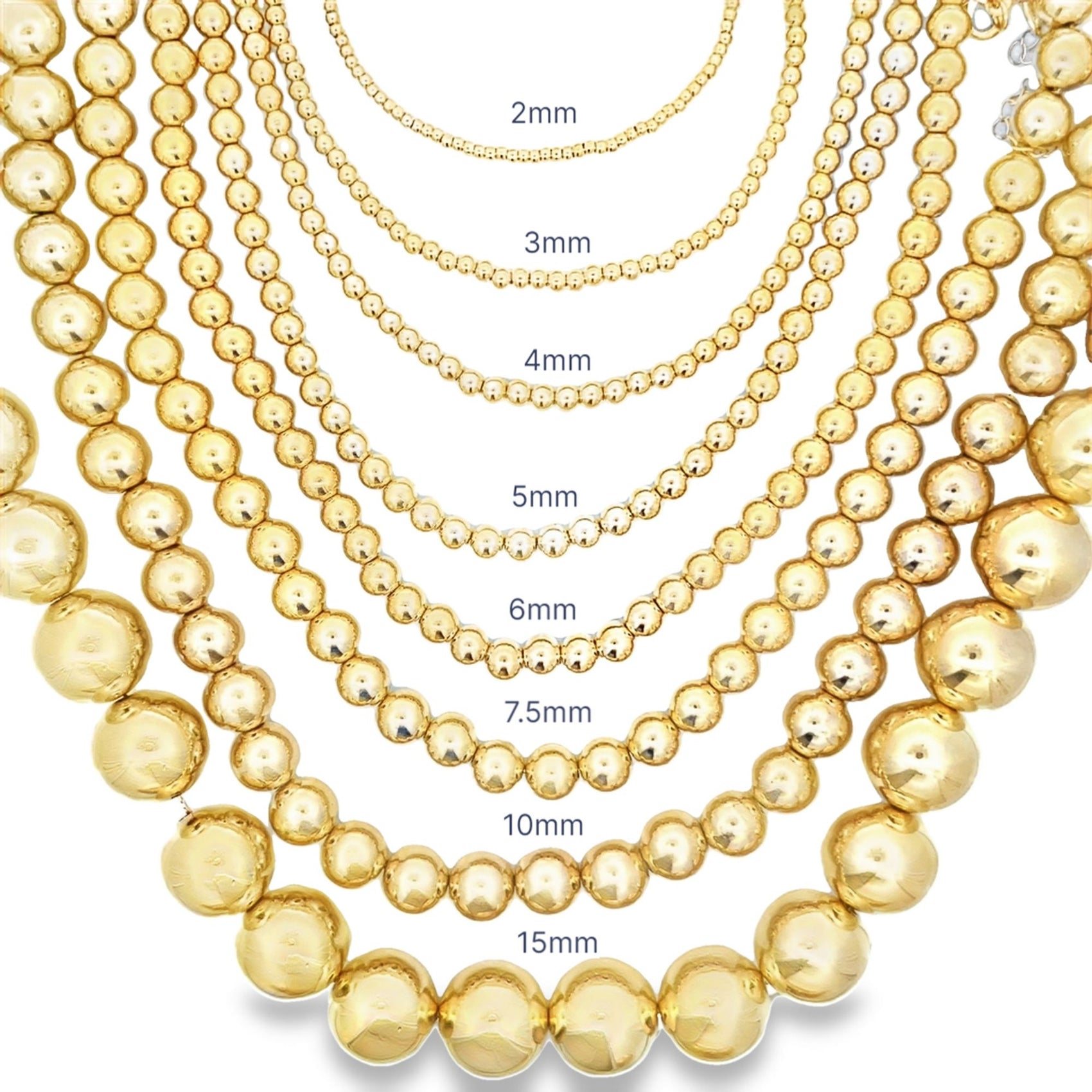 A size chart compares gold bead necklaces ranging from 2mm to 15mm in diameter.