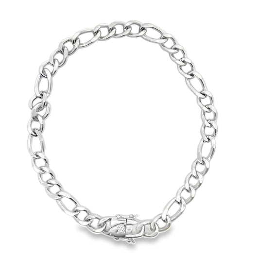 A polished sterling silver Figaro link chain necklace features a secure box clasp closure displayed against a clean white background.