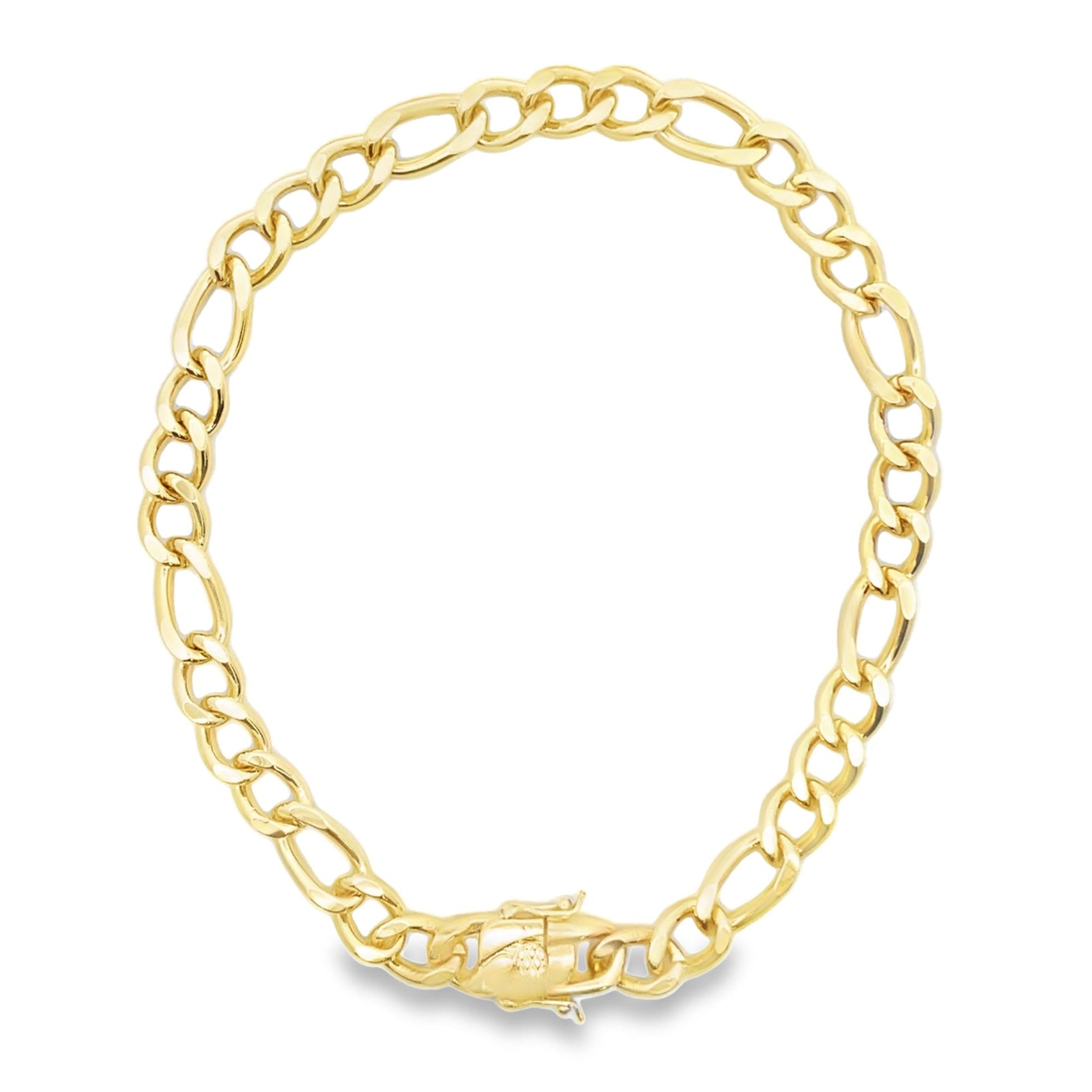 A polished yellow gold Figaro chain bracelet curves in a circle on a white background, featuring alternating short and long links with a secure box clasp.