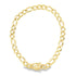 A polished gold Figaro link chain necklace lies arranged in a circle against a white background.