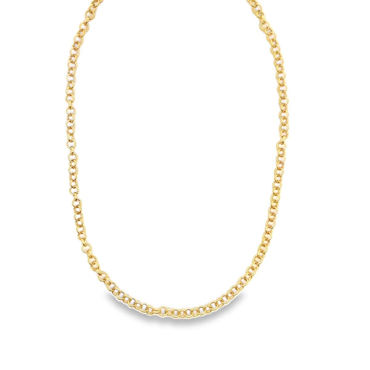 A polished gold link chain necklace is displayed against a clean white background.