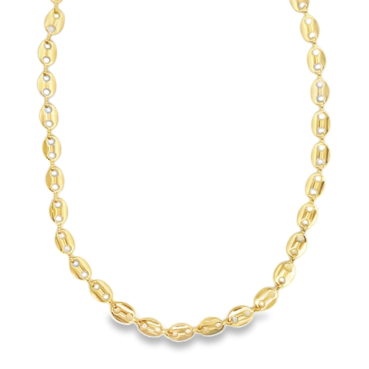 A polished gold coffee bean chain necklace curves elegantly against a clean white background.
