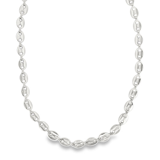 A polished sterling silver mariner chain necklace displays intricately linked oval segments against a clean white background.