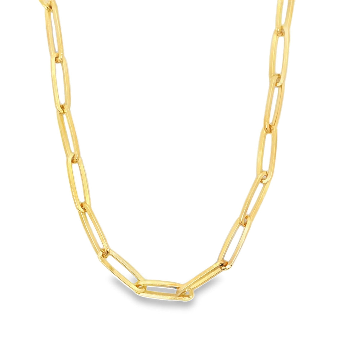 A gleaming gold paperclip chain necklace displays its interlocking elongated links against a clean white background.