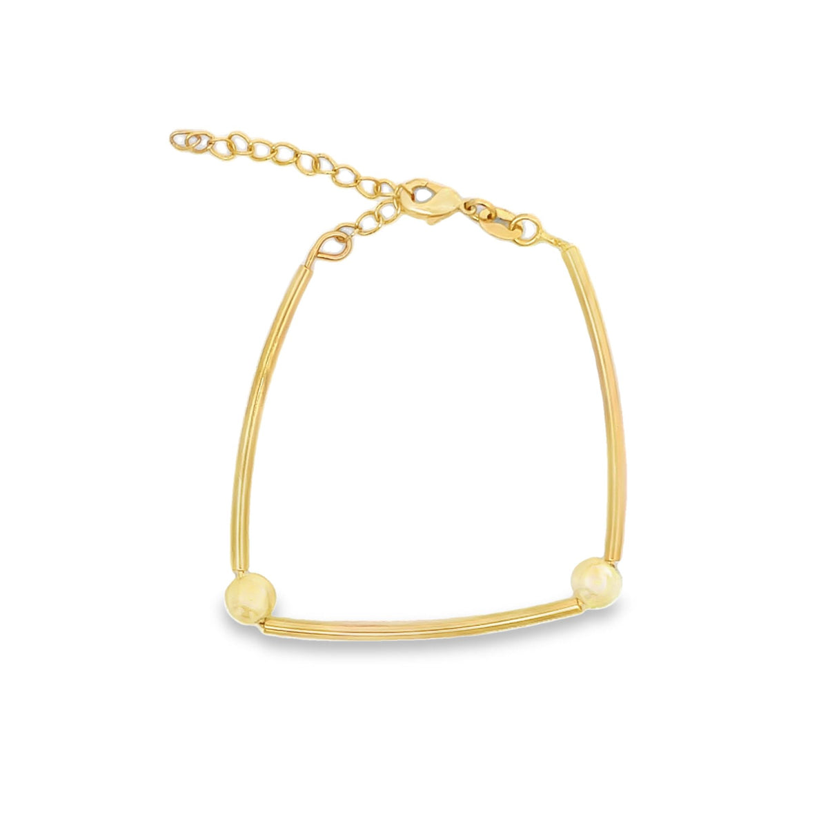 A delicate gold bar bracelet rests flat against a clean white background, showcasing its polished metal beads and adjustable chain.