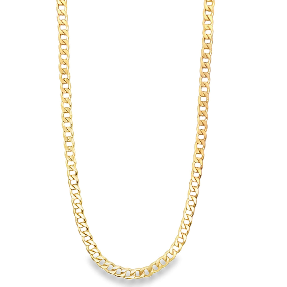 A gleaming gold cuban link chain necklace drapes vertically against a clean white background.