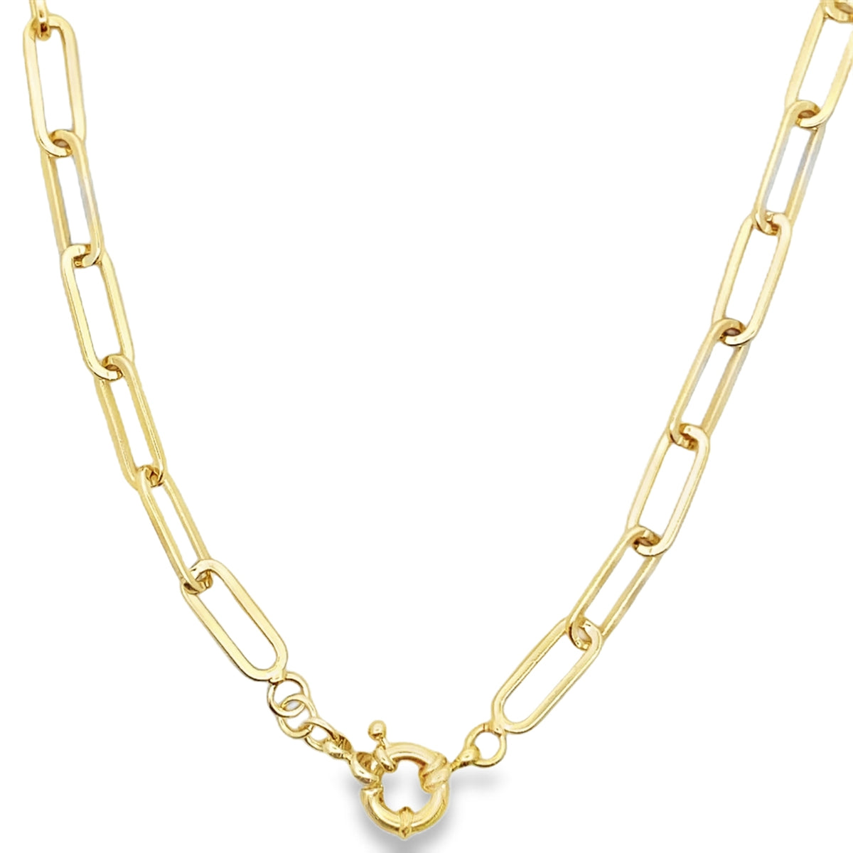 A polished gold paperclip chain necklace rests against a plain white background, highlighting its interlocking rectangular links and secure round clasp.