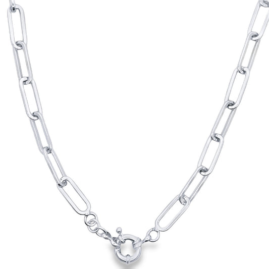A polished silver paperclip chain necklace features an interlocking link design and a secure round clasp.