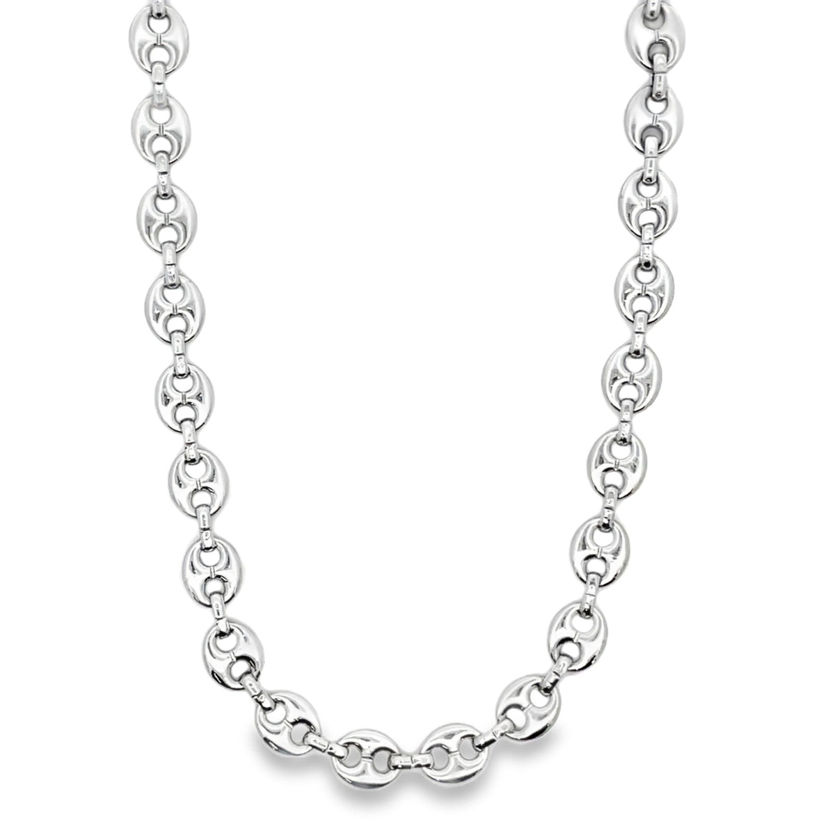 A polished sterling silver mariner link chain necklace drapes against a clean white background.