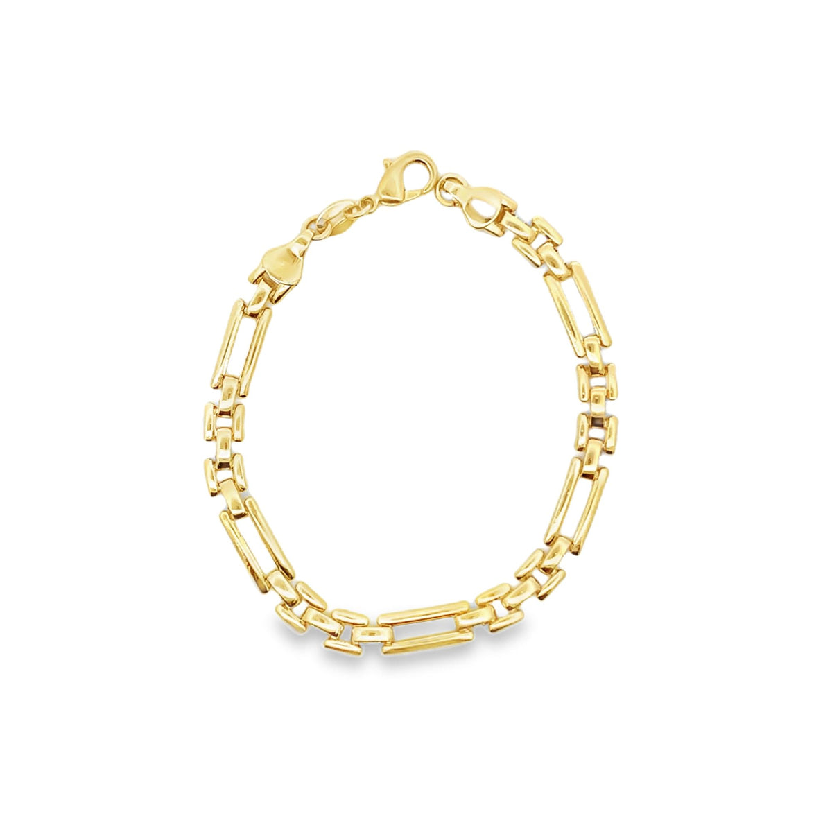 A polished yellow gold link bracelet rests in a circle on a white background, displaying its intricate geometric pattern and lobster clasp.