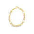 A polished yellow gold link bracelet rests in a circle on a white background, displaying its intricate geometric pattern and lobster clasp.