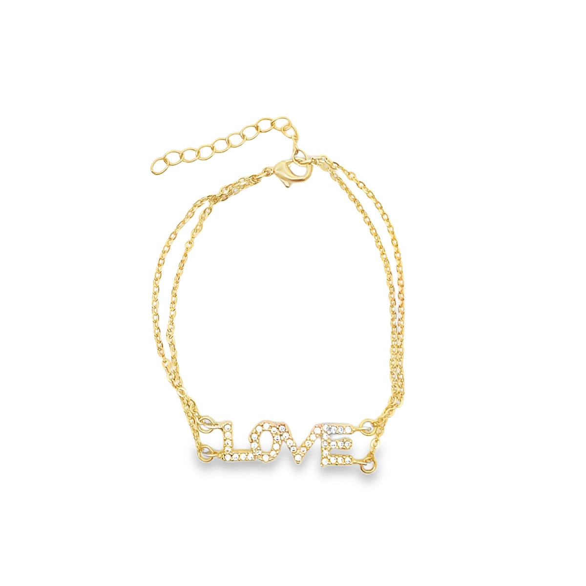 A gold chain bracelet features a sparkly rhinestone-encrusted "LOVE" charm against a plain white background.