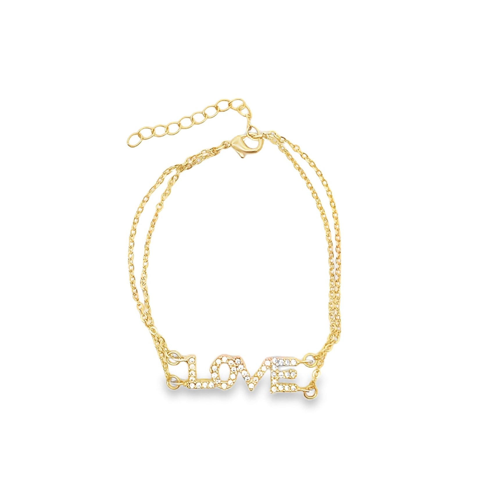 A gold chain bracelet features a sparkly rhinestone-encrusted "LOVE" charm against a plain white background.