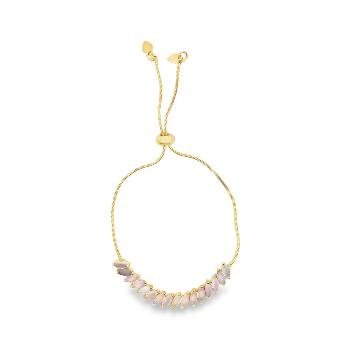 A delicate gold bolo bracelet features a curved row of marquise-cut pink stones and an adjustable slider clasp.