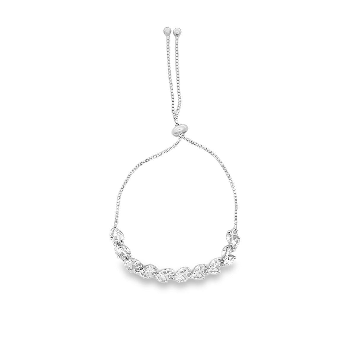 A delicate silver adjustable bolo bracelet features a curved cluster of sparkling marquise-cut cubic zirconia stones on a white background.