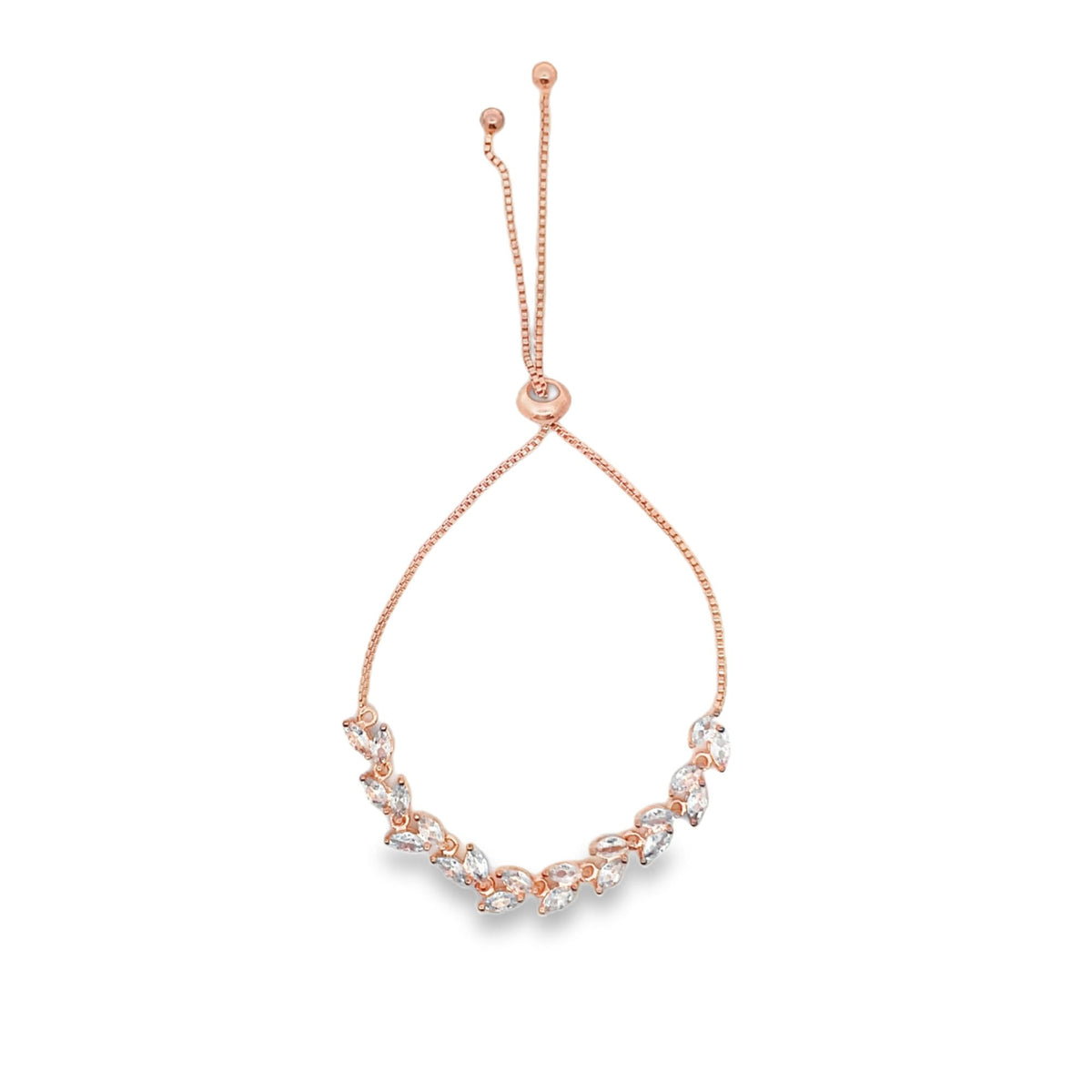 A delicate rose gold slider bracelet sparkles with marquise-cut cubic zirconia stones on a clean white background.