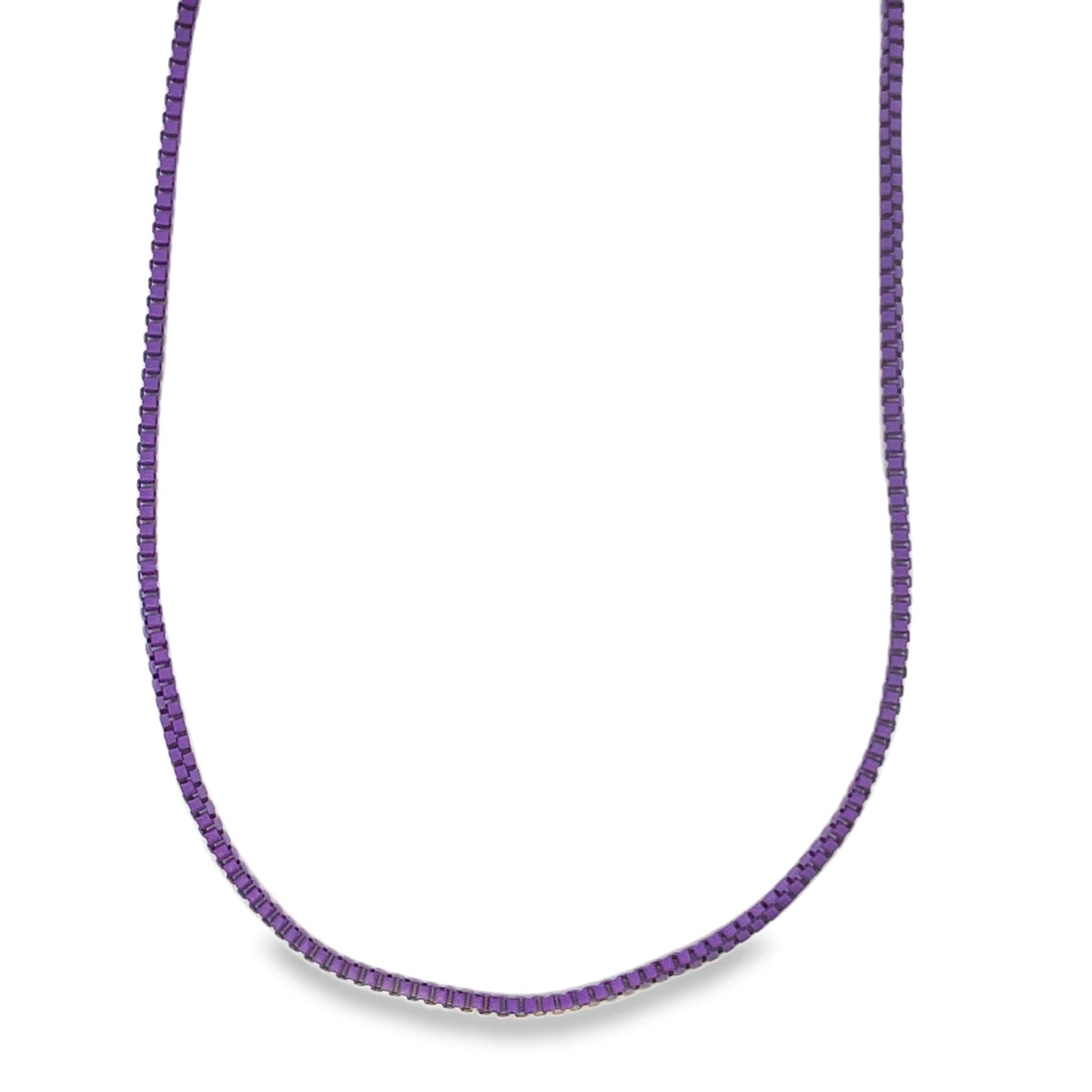 A vibrant purple box chain necklace drapes in a smooth curve against a clean white background.