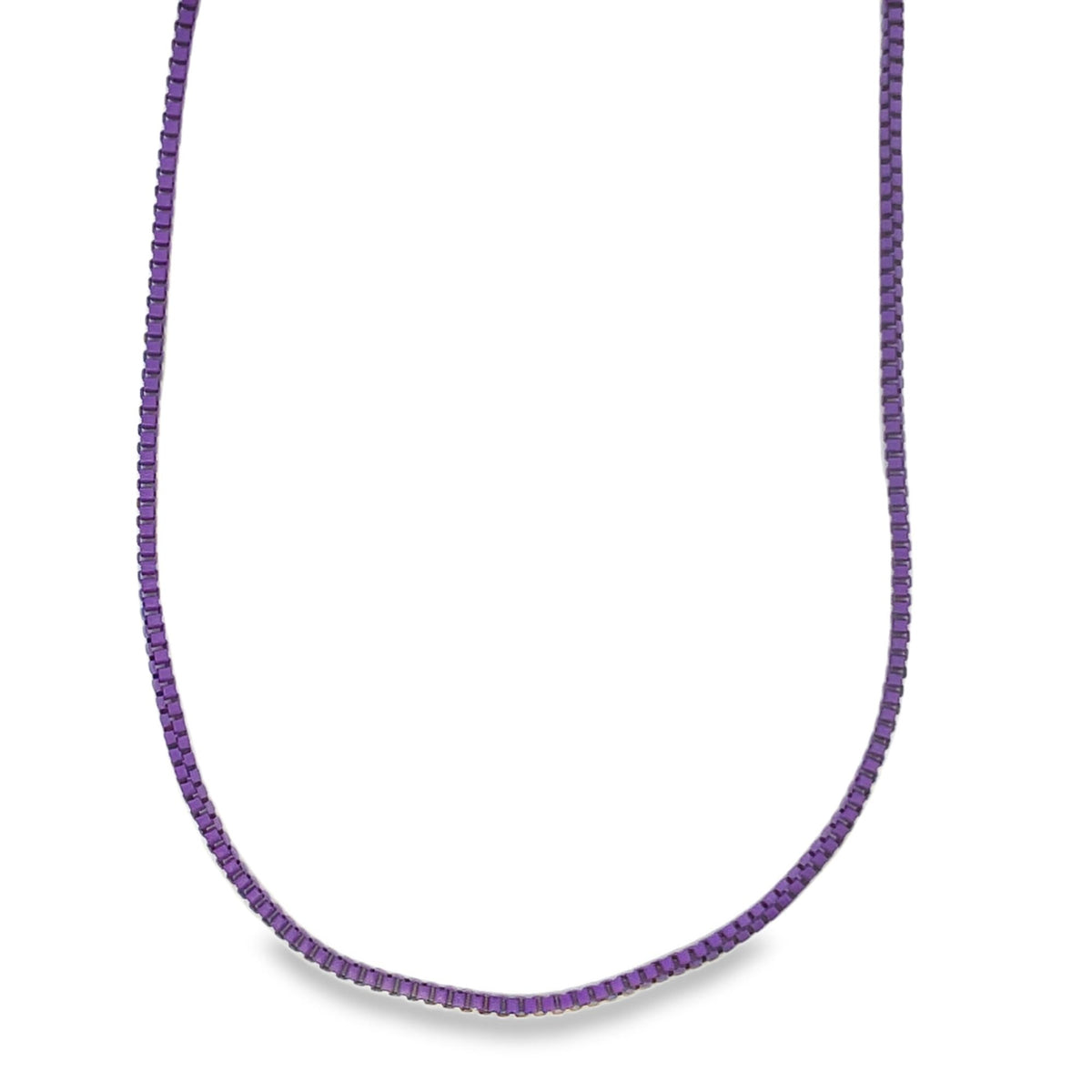 A vibrant purple box chain necklace drapes in a smooth curve against a clean white background.