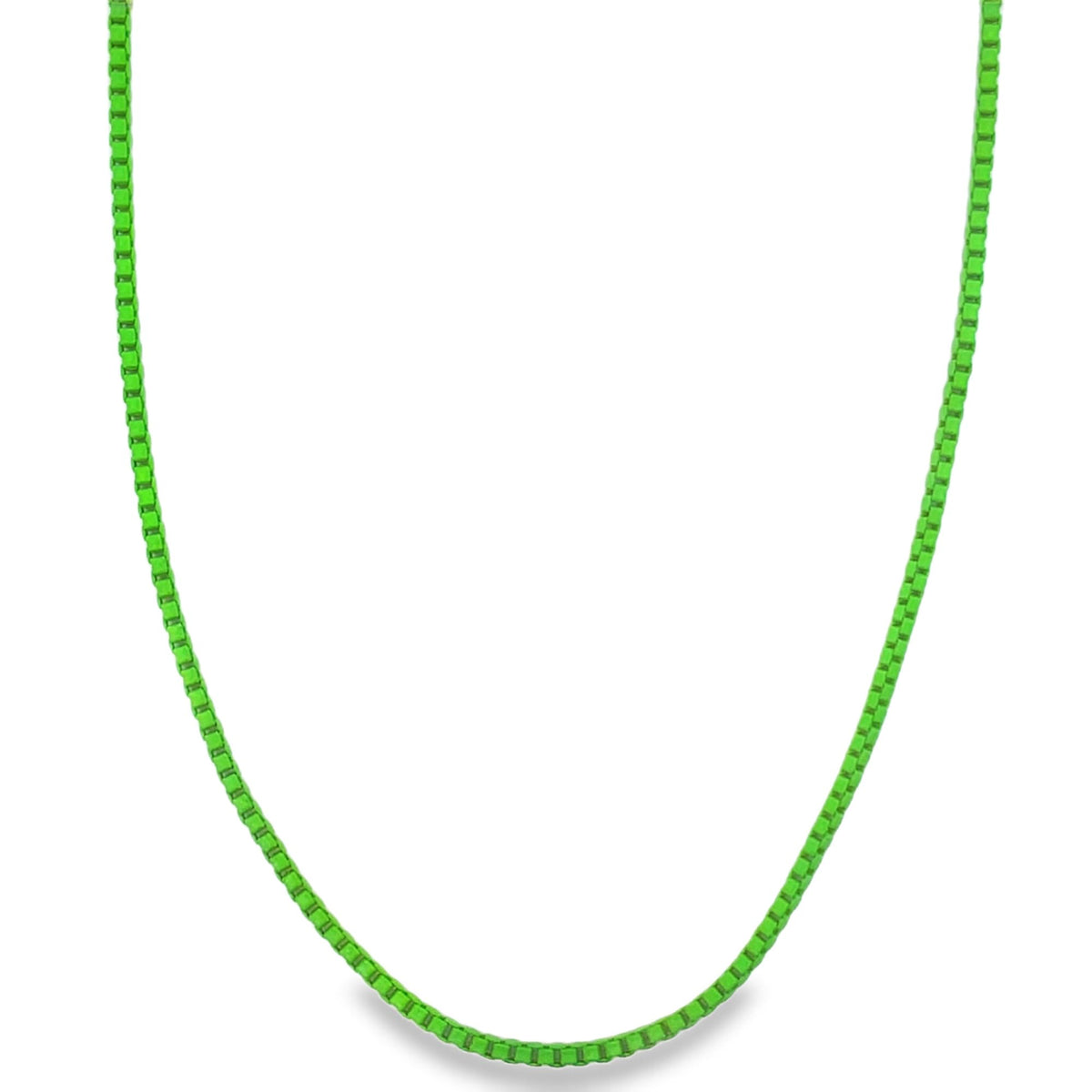 A vibrant neon green box chain necklace curves gracefully against a plain white background.
