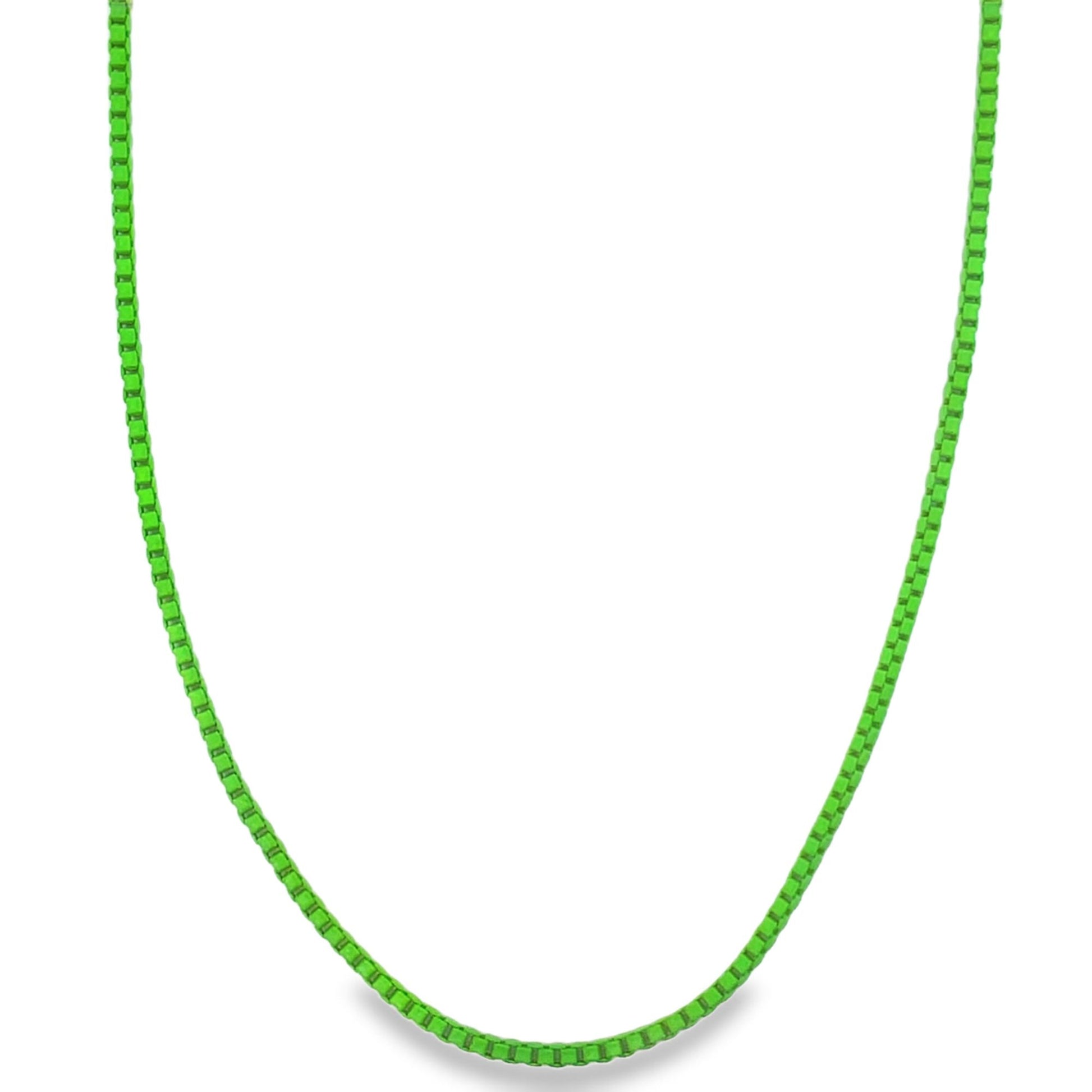 A vibrant neon green box chain necklace curves gracefully against a plain white background.