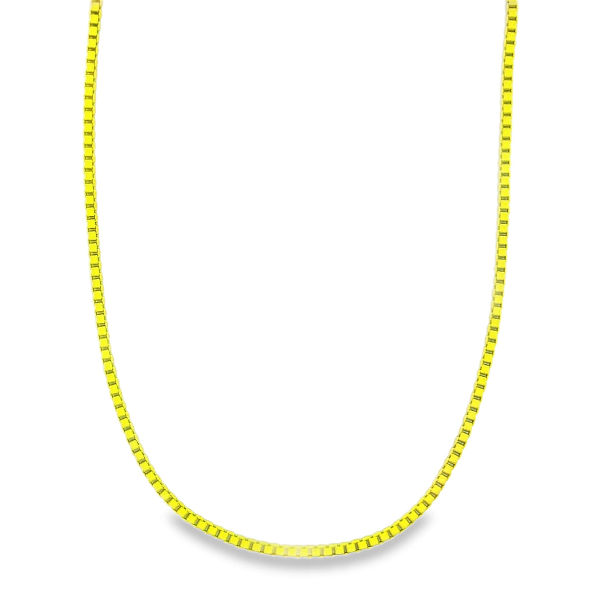 A bright yellow gold box chain necklace hangs in a graceful curve against a plain white background.