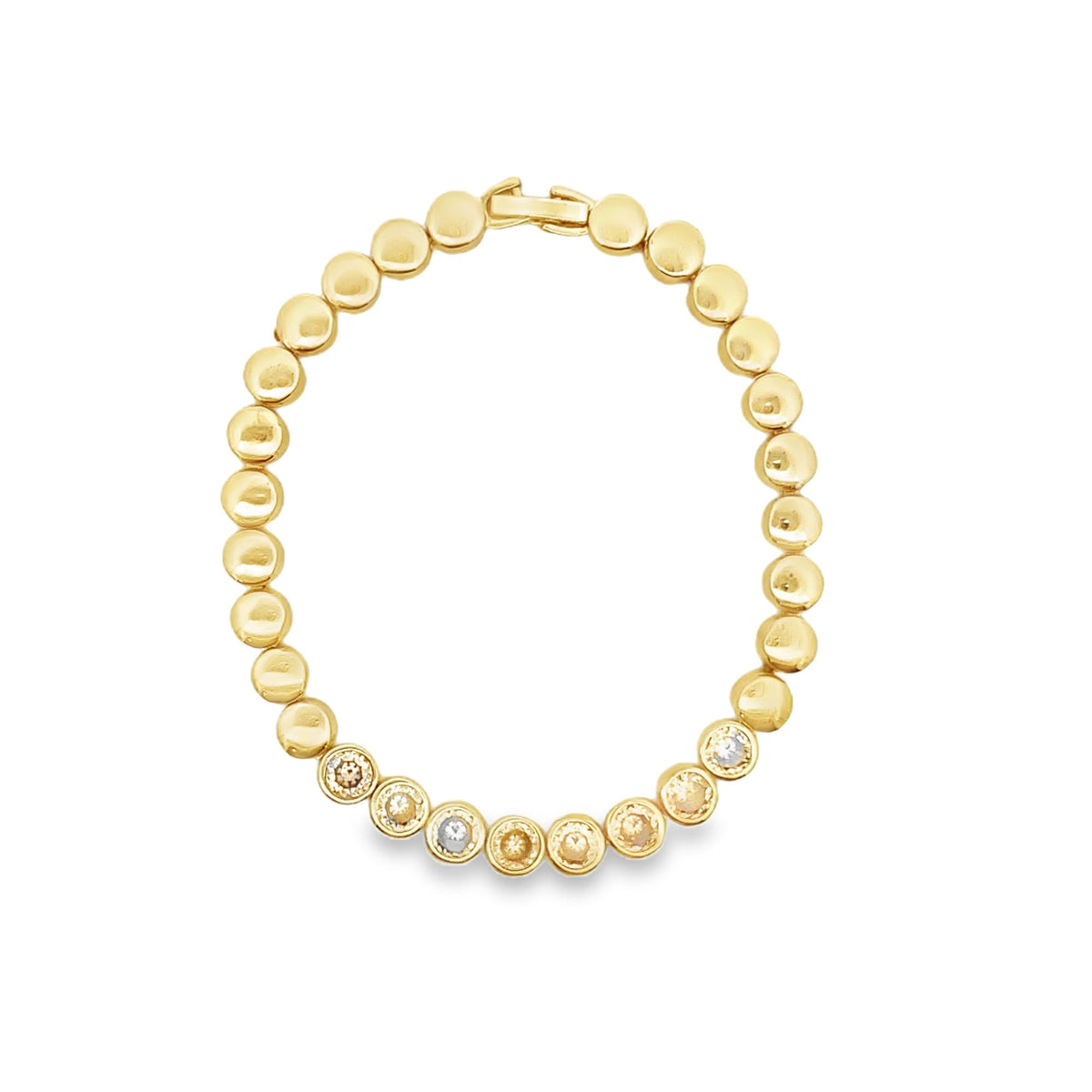A gold link bracelet featuring a row of circular beads and sparkling bezel-set diamonds arranged in a circle against a white background.