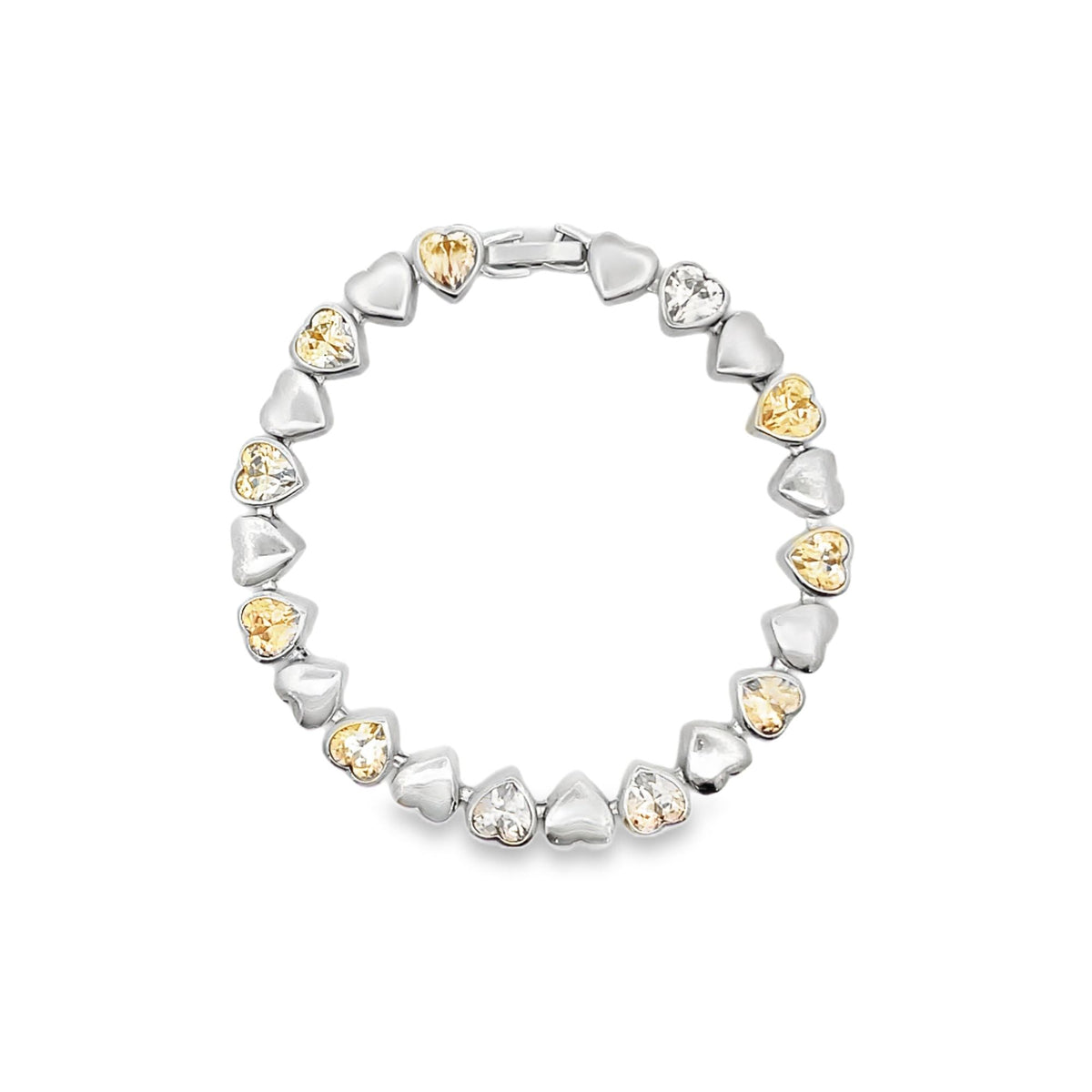 A silver tennis bracelet features alternating plain silver hearts and sparkling yellow crystal heart charms arranged in a circle on a white background.