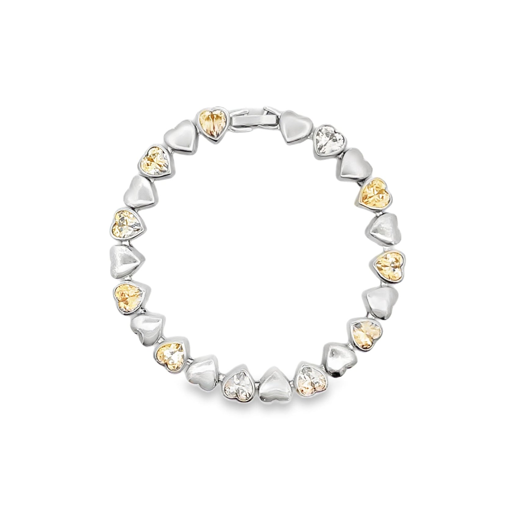A silver tennis bracelet features alternating plain silver hearts and sparkling yellow crystal heart charms arranged in a circle on a white background.