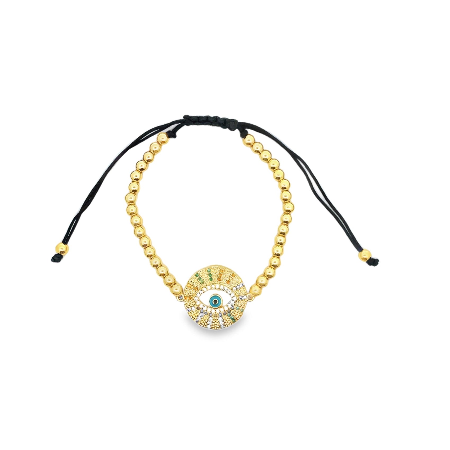A gold evil eye charm bracelet features gleaming gold beads and adjustable black cords.