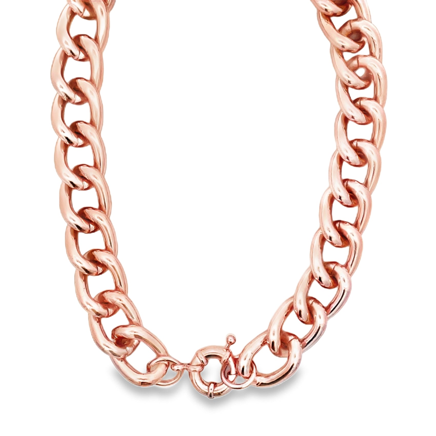 A chunky rose gold link necklace curves gracefully against a clean white background.