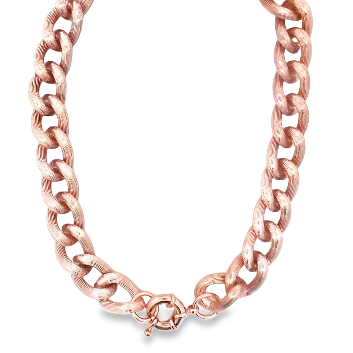 A thick rose gold chain necklace displays textured, interlocking links and a secure clasp against a clean white background.