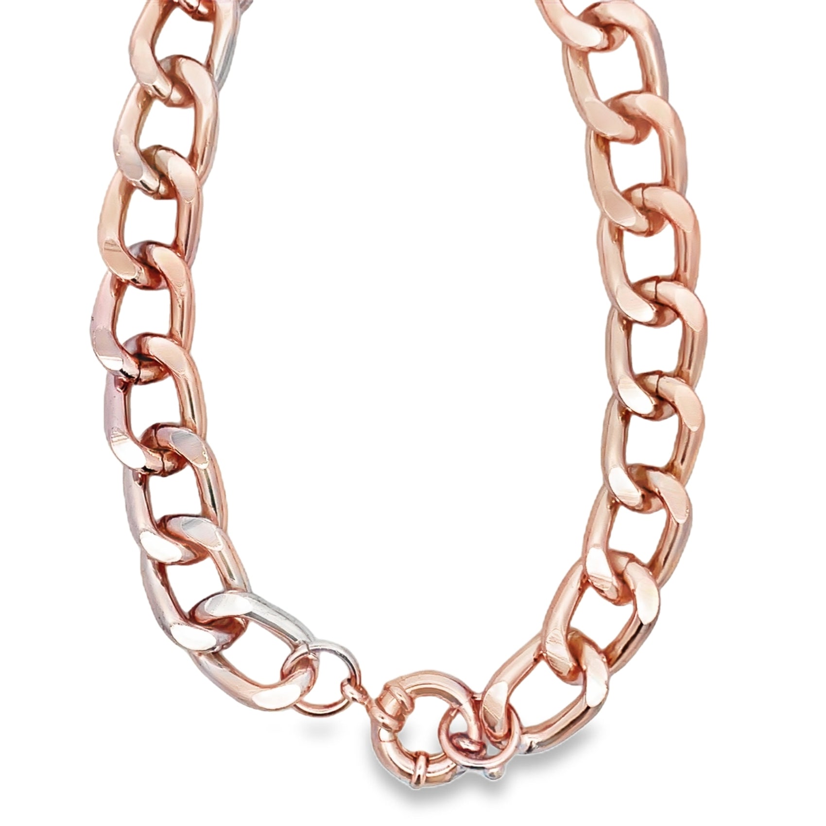 A polished rose gold chain necklace features thick, interlocking links and a secure round clasp.