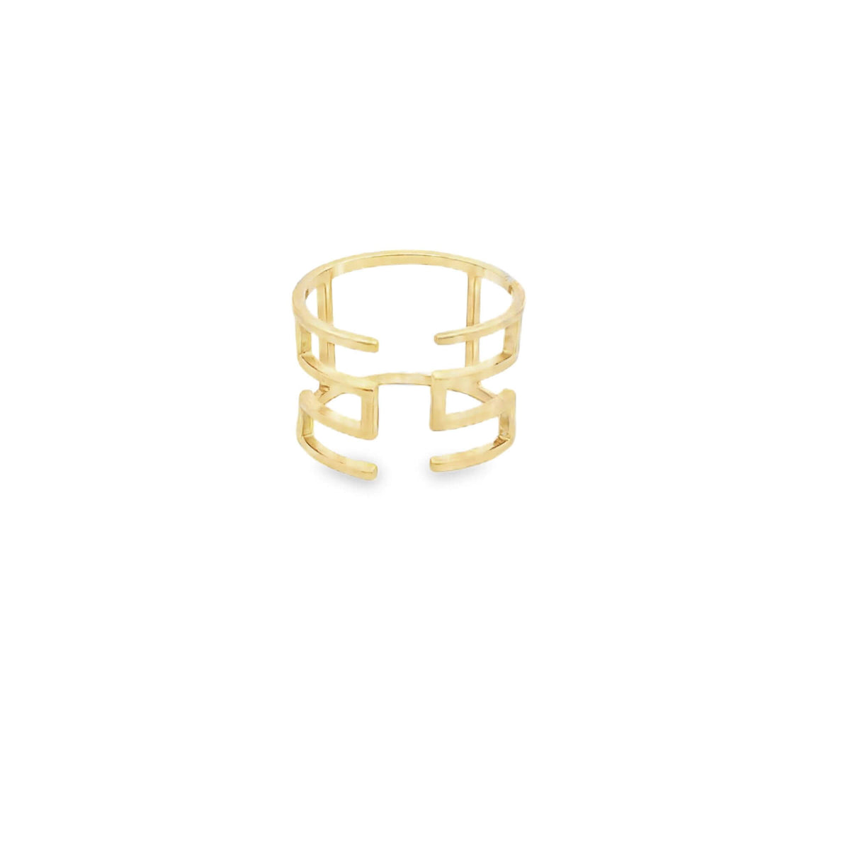 An intricate gold ring features a geometric, multi-band cutout design against a clean white background.