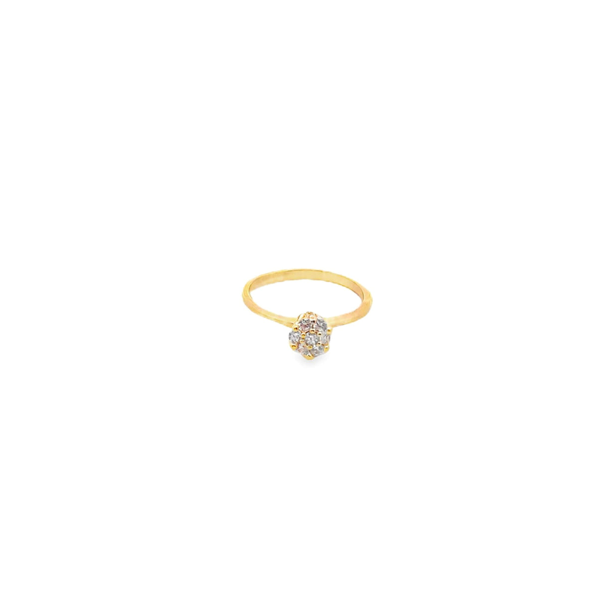 A delicate gold ring showcases a sparkling cluster of diamonds on a pure white background.