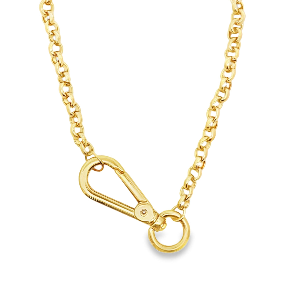 A shiny gold chain necklace features a distinctive lobster clasp closure centered against a plain white background.