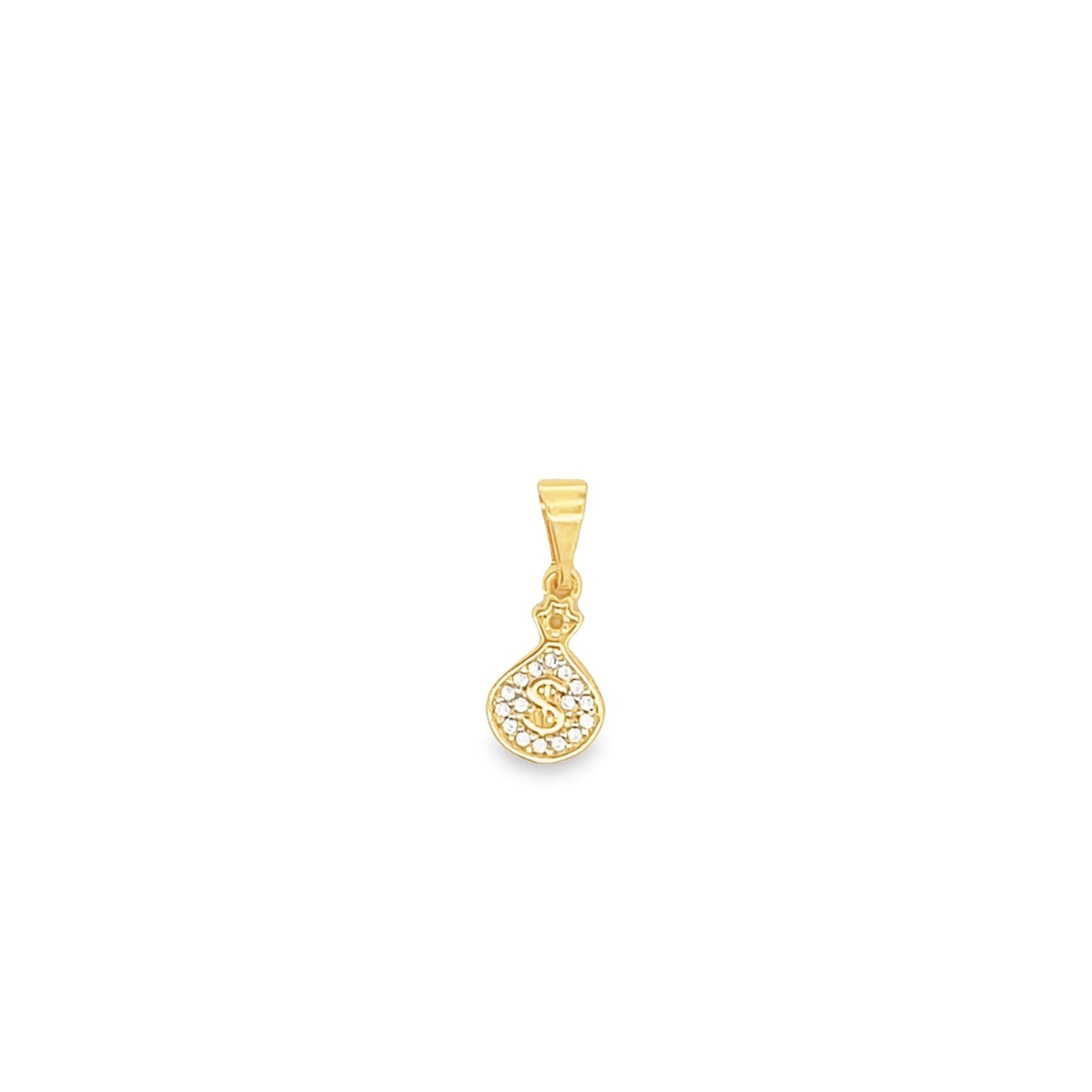 A gold money bag pendant encrusted with sparkling cubic zirconia stones and a central dollar sign symbol sits against a clean white background.