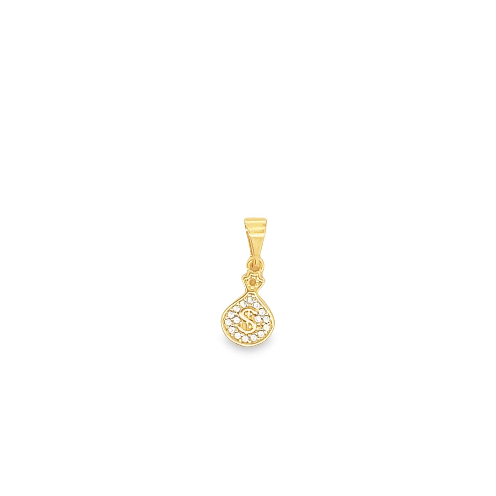 A gold money bag pendant encrusted with sparkling cubic zirconia stones and a central dollar sign symbol sits against a clean white background.