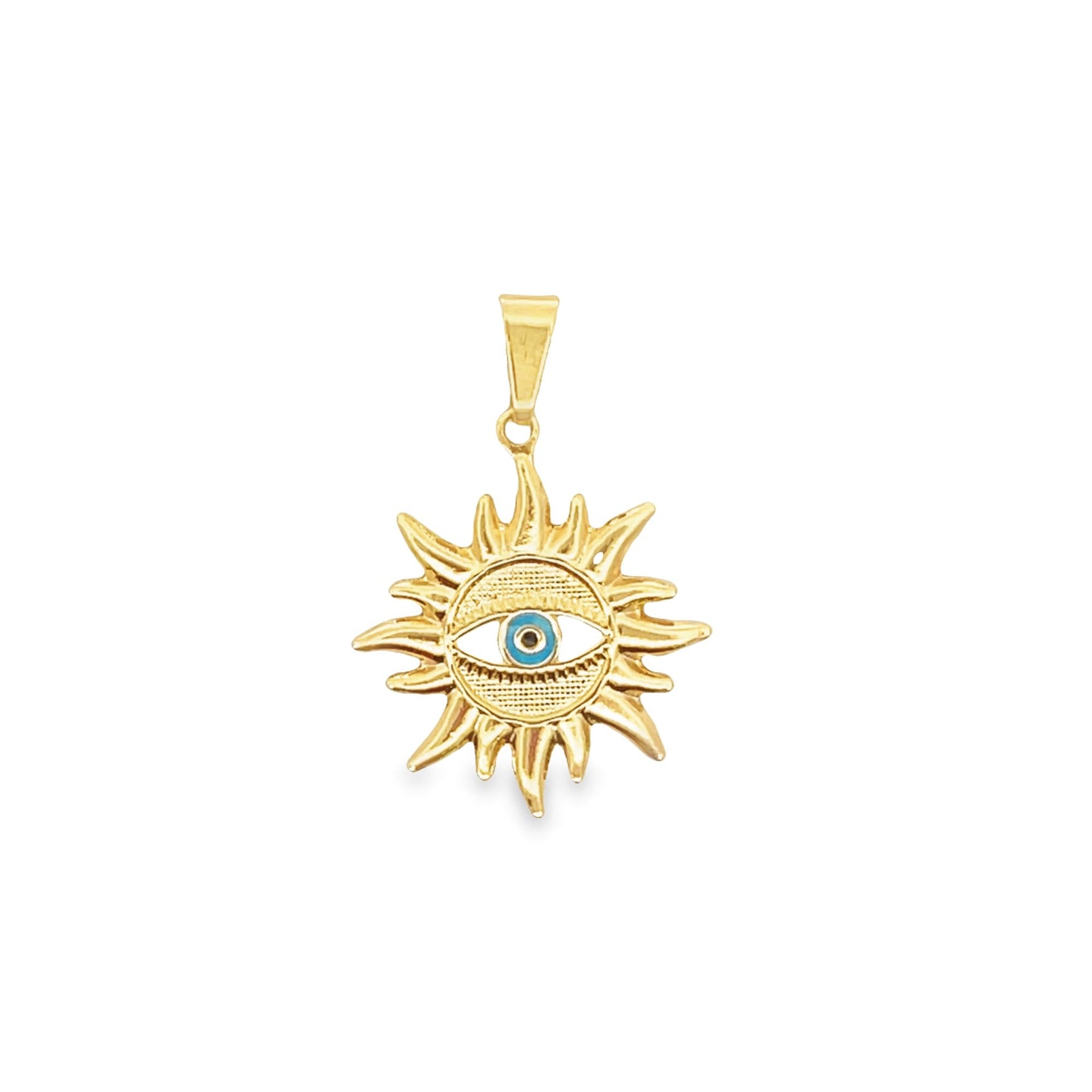 A gold sun pendant featuring an evil eye design with a vibrant blue iris hangs against a white background.