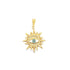 A gold sun pendant featuring an evil eye design with a vibrant blue iris hangs against a white background.