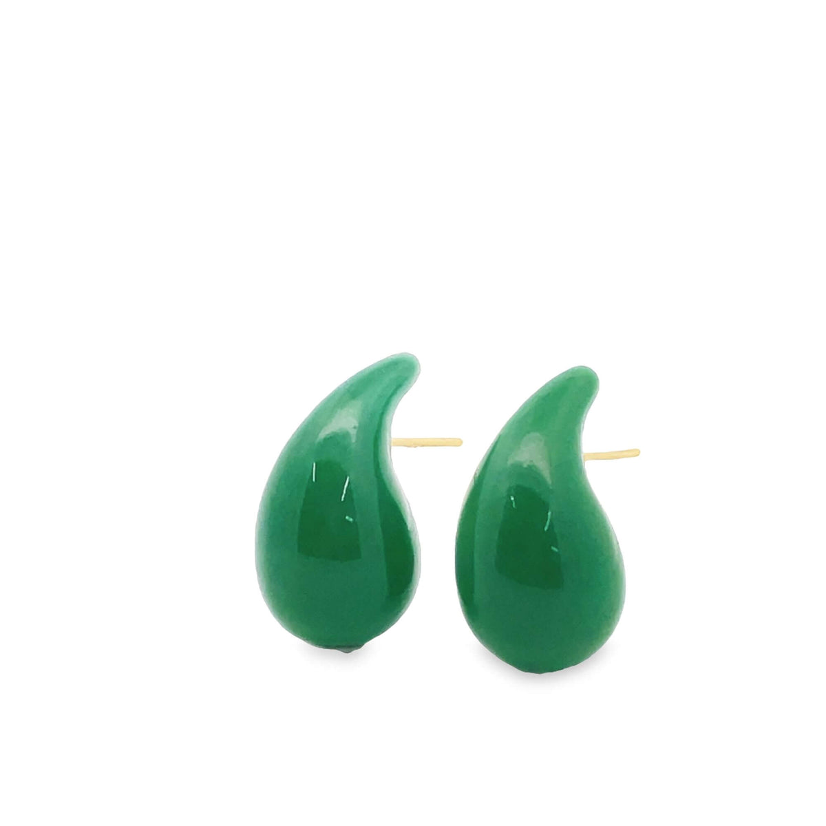 A pair of glossy green teardrop-shaped stud earrings rests against a clean white background.