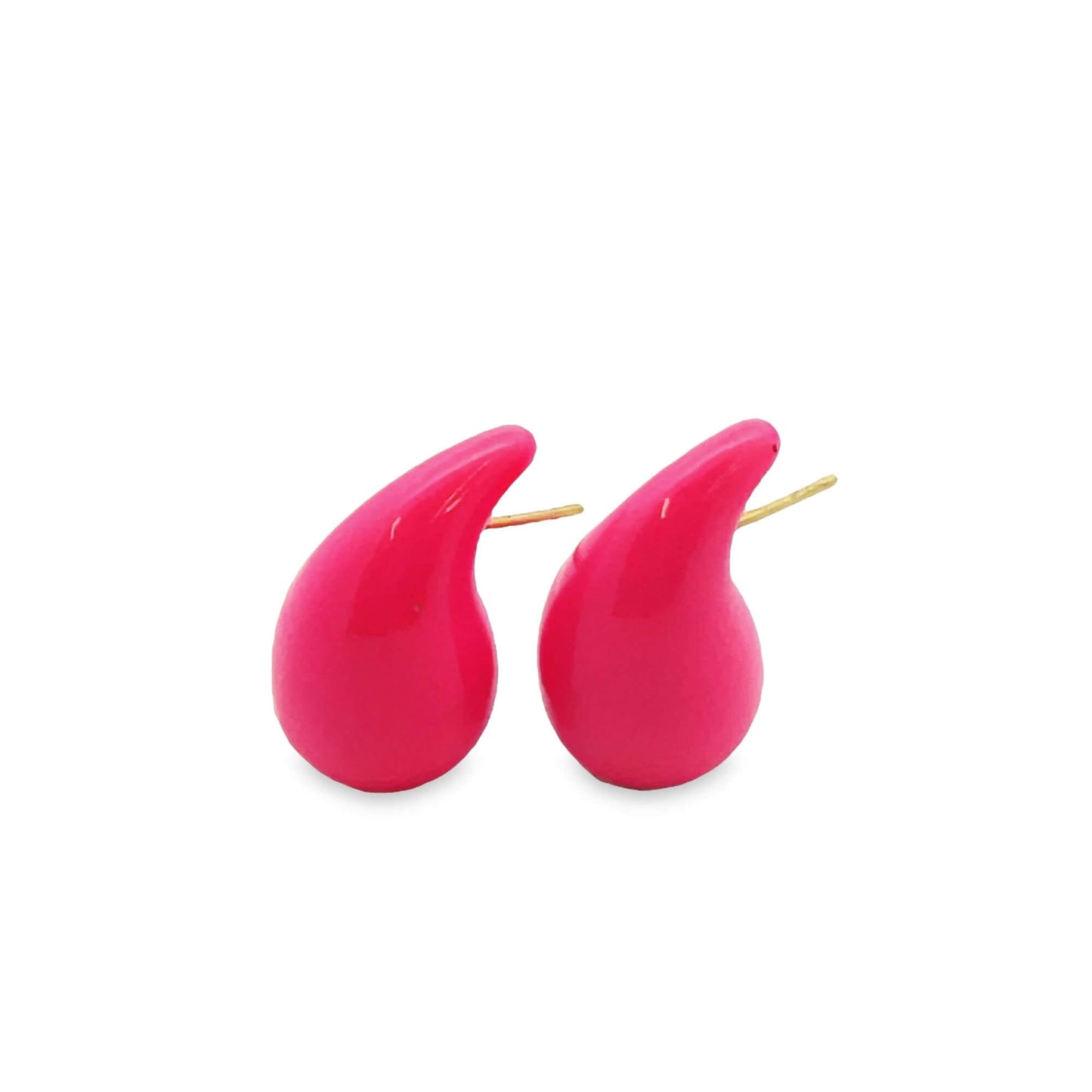 Glossy hot pink teardrop-shaped stud earrings rest against a plain white background.