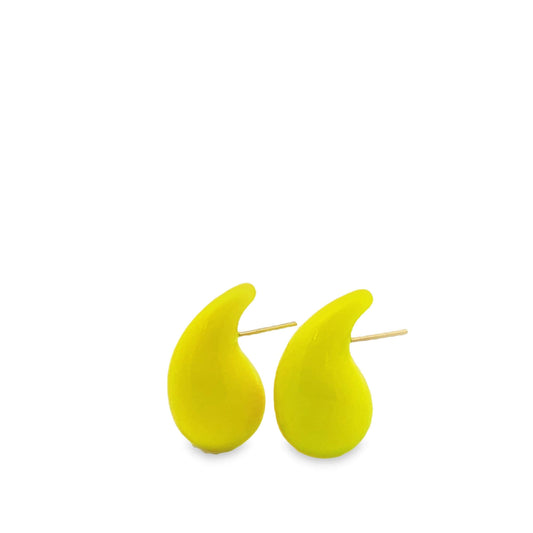 A pair of vibrant yellow teardrop stud earrings sits against a clean white background.