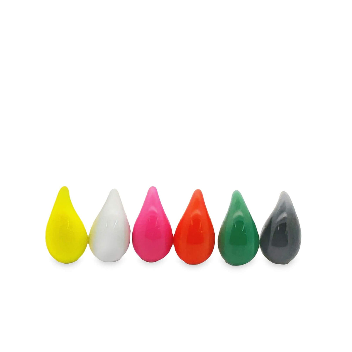 Six glossy, colorful teardrop-shaped fishing weights line up neatly in yellow, white, pink, orange, green, and dark grey against a white background.