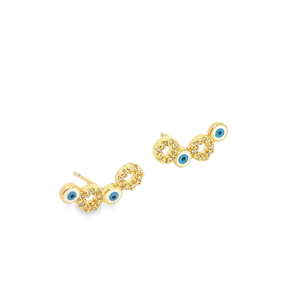 A pair of gold evil eye stud earrings features sparkling pave-set diamonds and alternating blue glass eye charms.